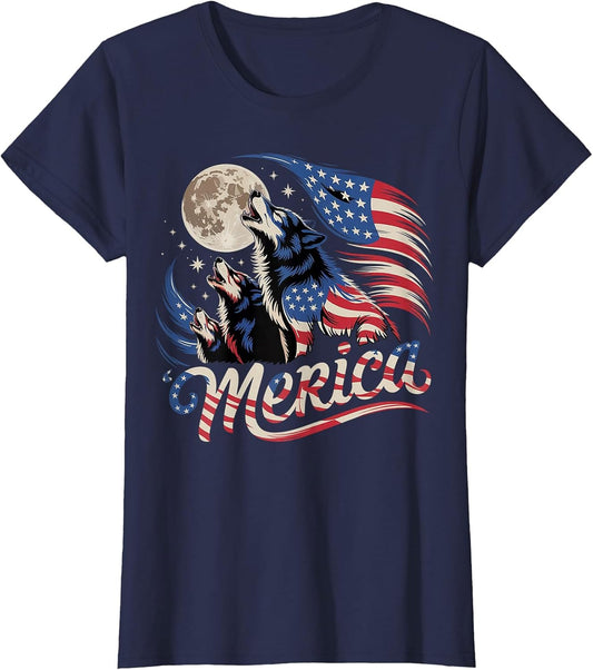 Wolf 4th of July American Flag Howling Wolves Under Moon