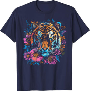 Tiger Face Bright Pink Blue Flowers Black Women Kids