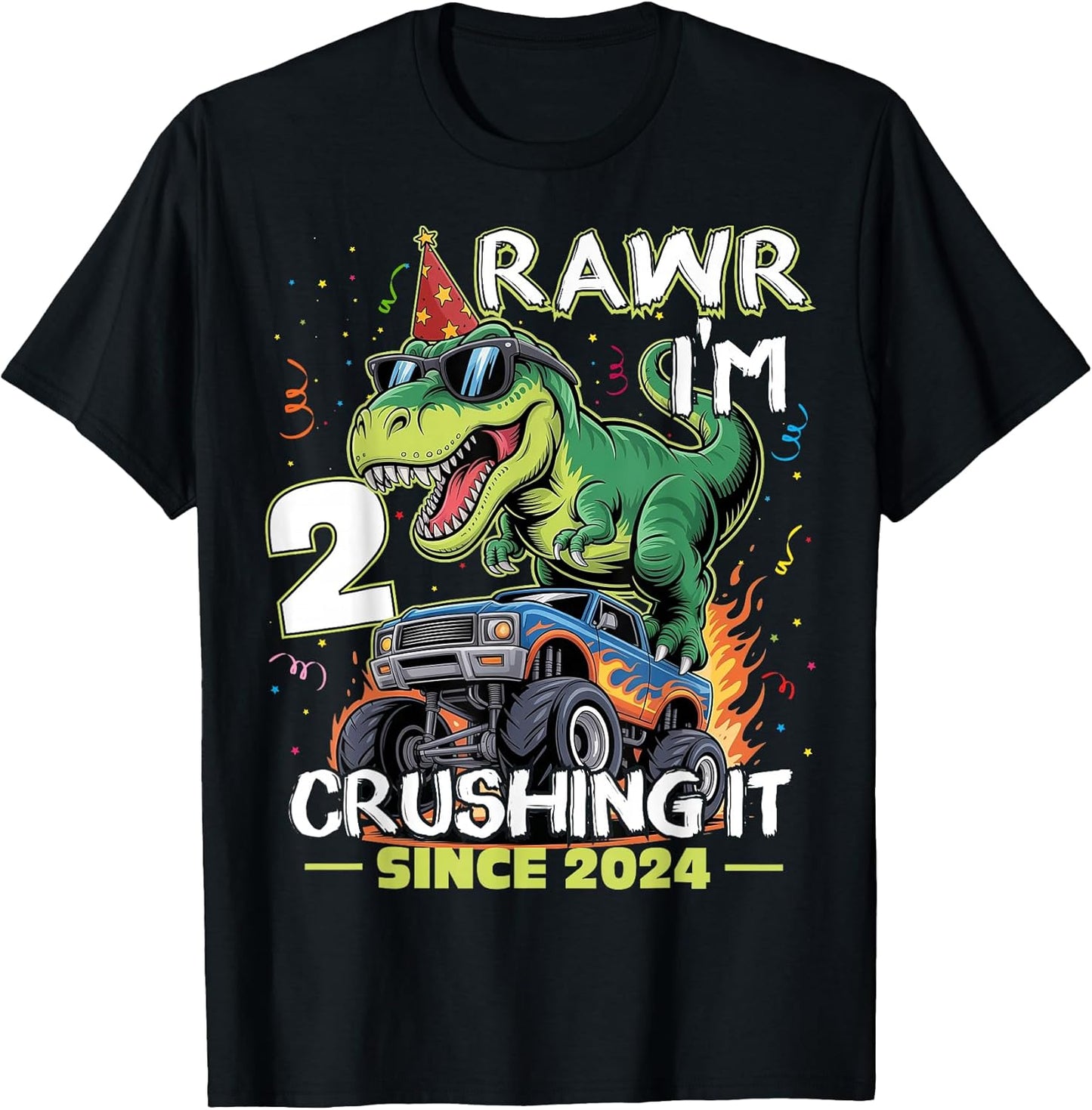 2nd Birthday Monster Truck Dinosaur 2 Years Old Birthday Boy