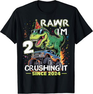 2nd Birthday Monster Truck Dinosaur 2 Years Old Birthday Boy