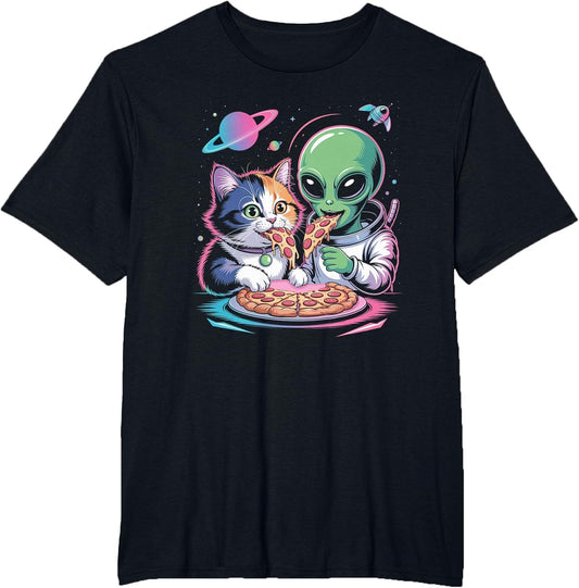 Funny Cat and Alien Sharing Pizza Space UFO Women