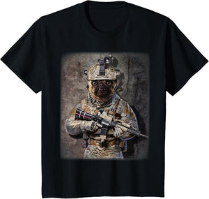 Grumpy Pug Dog as Army Commando in Full Tactical