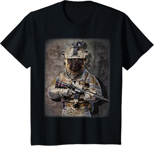 Grumpy Pug Dog as Army Commando in Full Tactical