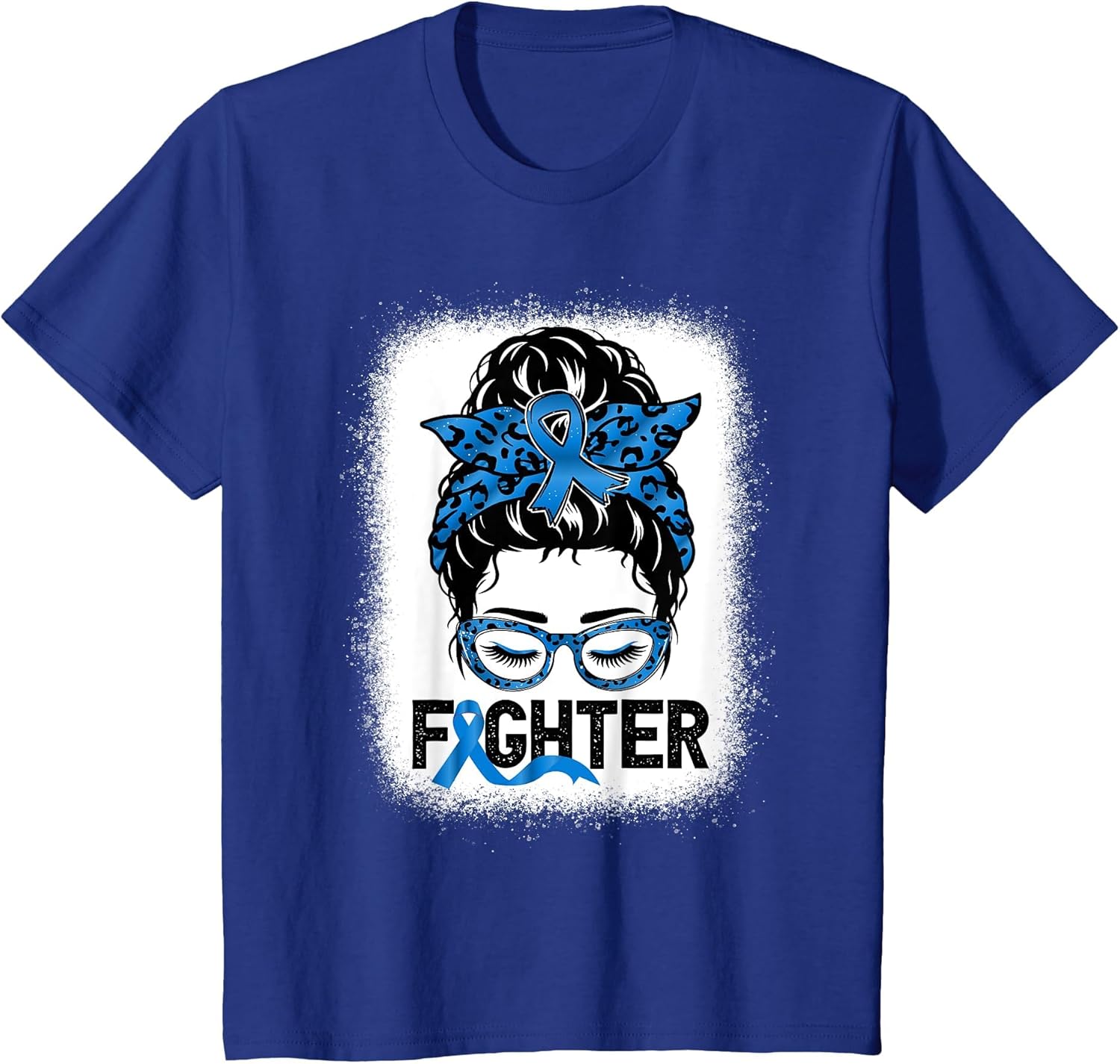 Fighter Messy bun Blue Colon Cancer Awareness Bleached