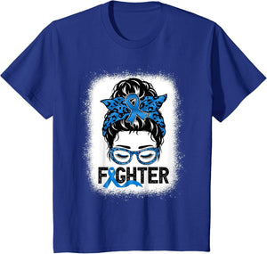 Fighter Messy bun Blue Colon Cancer Awareness Bleached