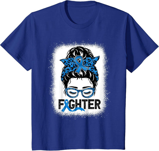Fighter Messy bun Blue Colon Cancer Awareness Bleached