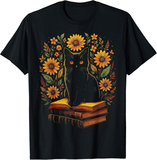 Vintage Black Cat Sunflower Books Reading