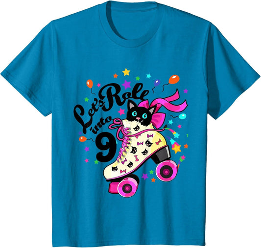 Kids 9 Year Old Birthday Shirt Girl Roller Skate Cat Bday Dress