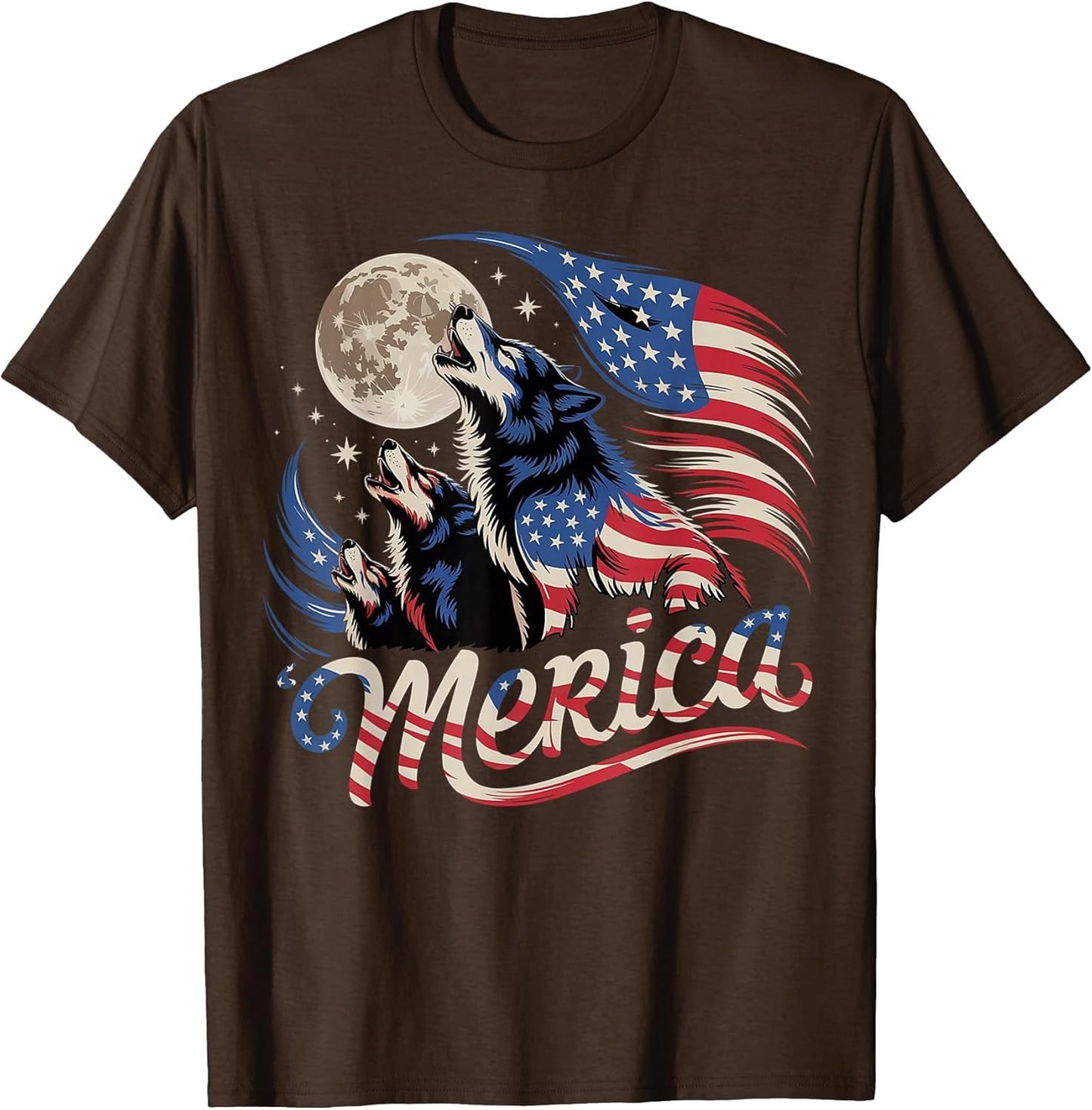 Wolf 4th of July American Flag Howling Wolves Under Moon