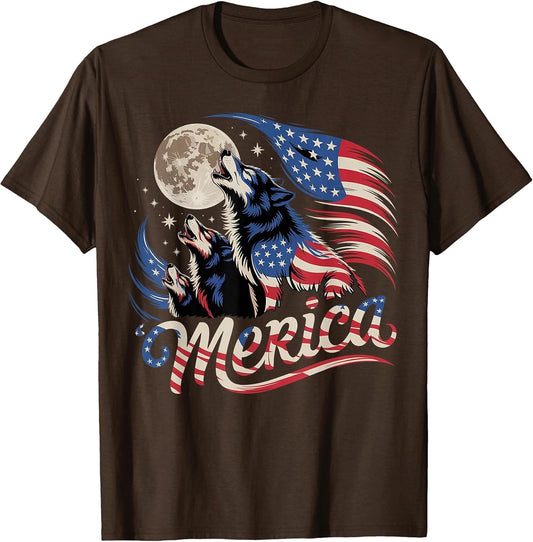 Wolf 4th of July American Flag Howling Wolves Under Moon