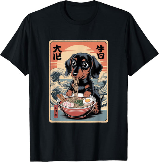 Kawaii Ramen Dachshund Japanese Art Poster Eating Noodles