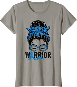 Worrior Messy bun Blue Colon Cancer Awareness Bleached