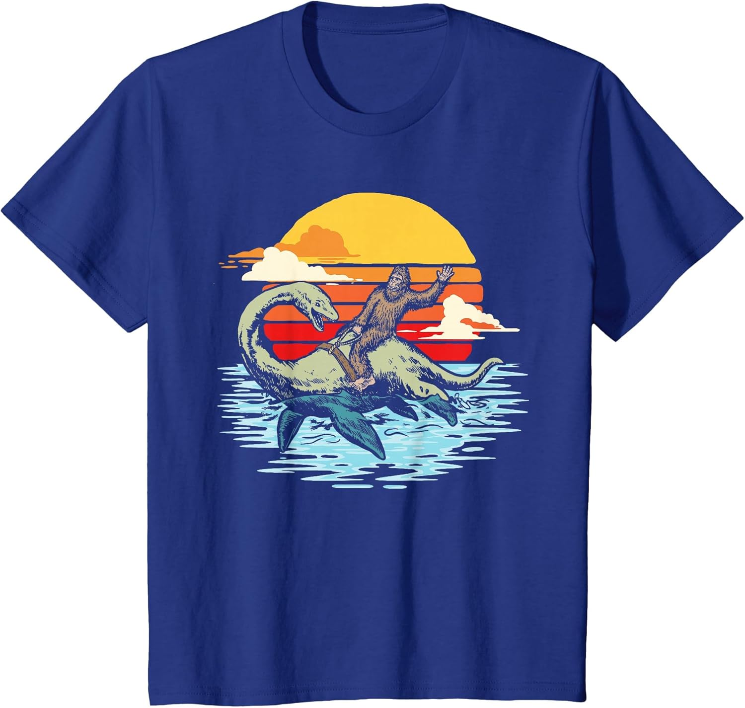 Fun Bigfoot Riding Nessie Funny Legends & Retro 80s Sunset