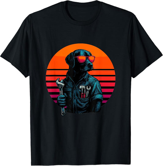 Retro Dog with Wrench Repairing Mechanic