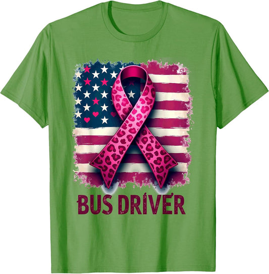 Bus Driver US Flag Pink Ribbon Breast Cancer Awareness