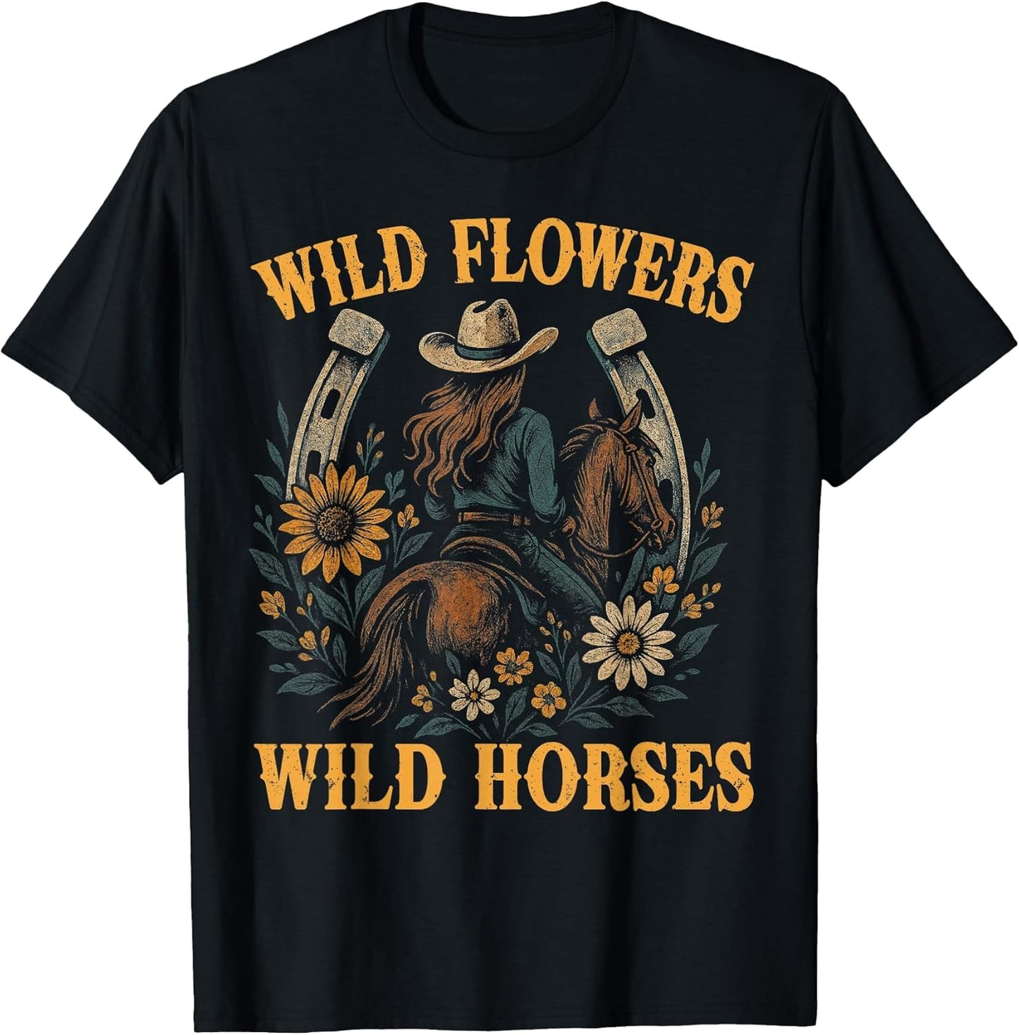 Retro Southern Sunset Wild Cowgirl Flowers - Wild Horses