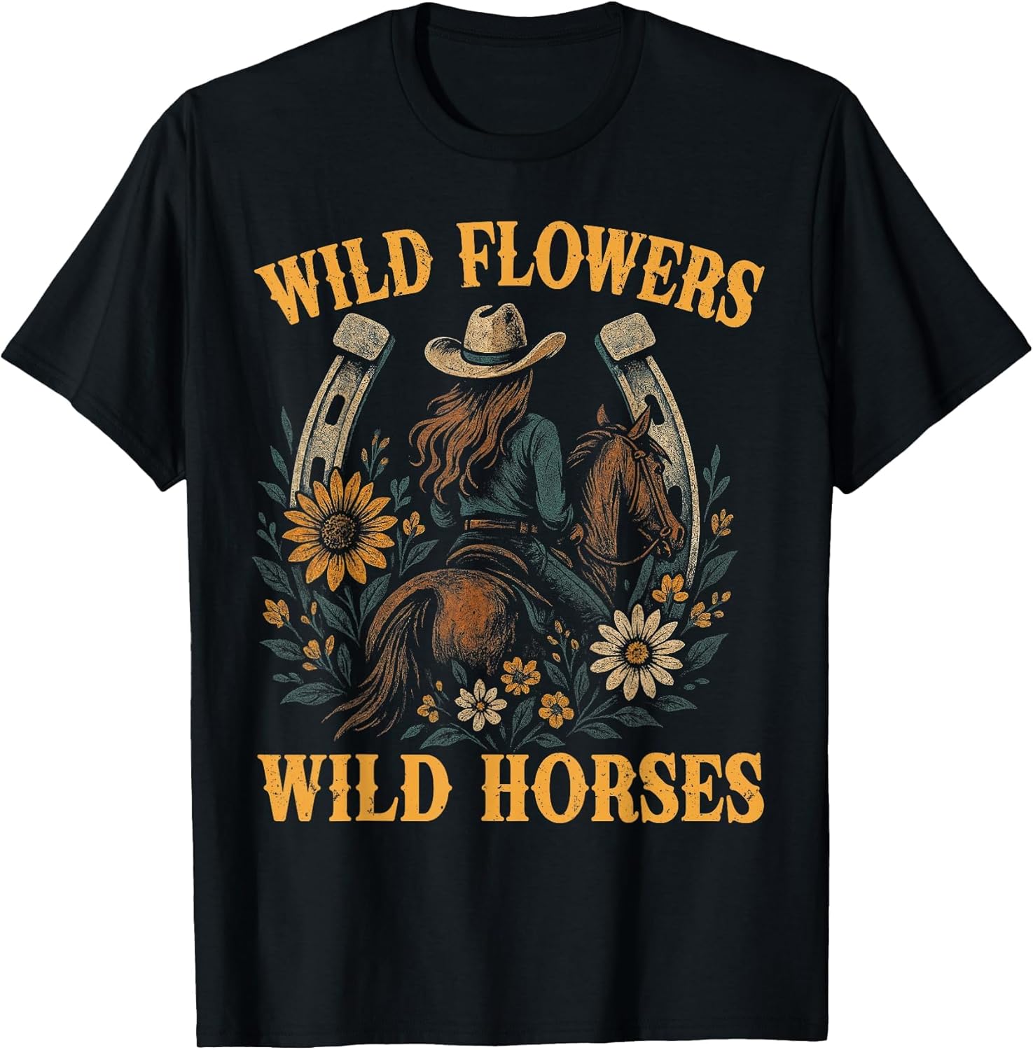 Retro Southern Sunset Wild Cowgirl Flowers - Wild Horses