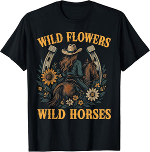 Retro Southern Sunset Wild Cowgirl Flowers - Wild Horses