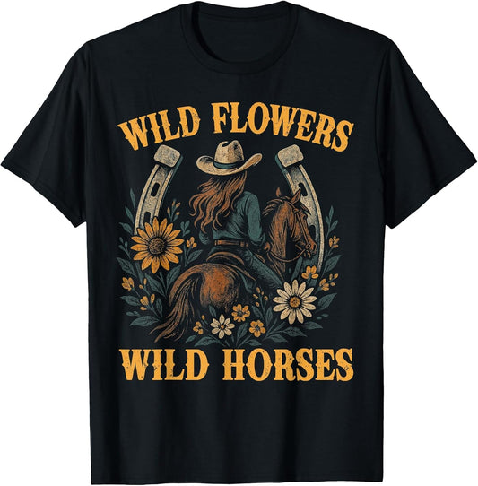 Retro Southern Sunset Wild Cowgirl Flowers - Wild Horses