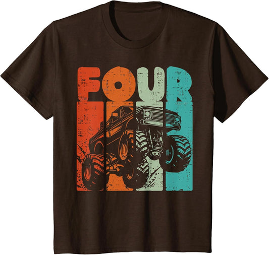 Kids 4th Birthday Monster Truck Four Retro 4 Year Old Bday Boys