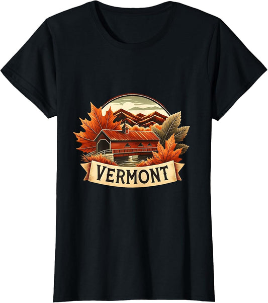 Vermont Covered Bridge Autumn Scene Vintage Nature Art