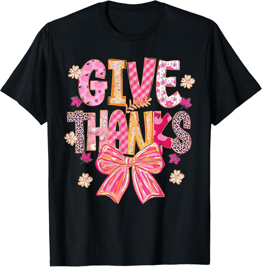 Give Thanks Thanksgiving Autumn Fall Women Pink Coquette Bow