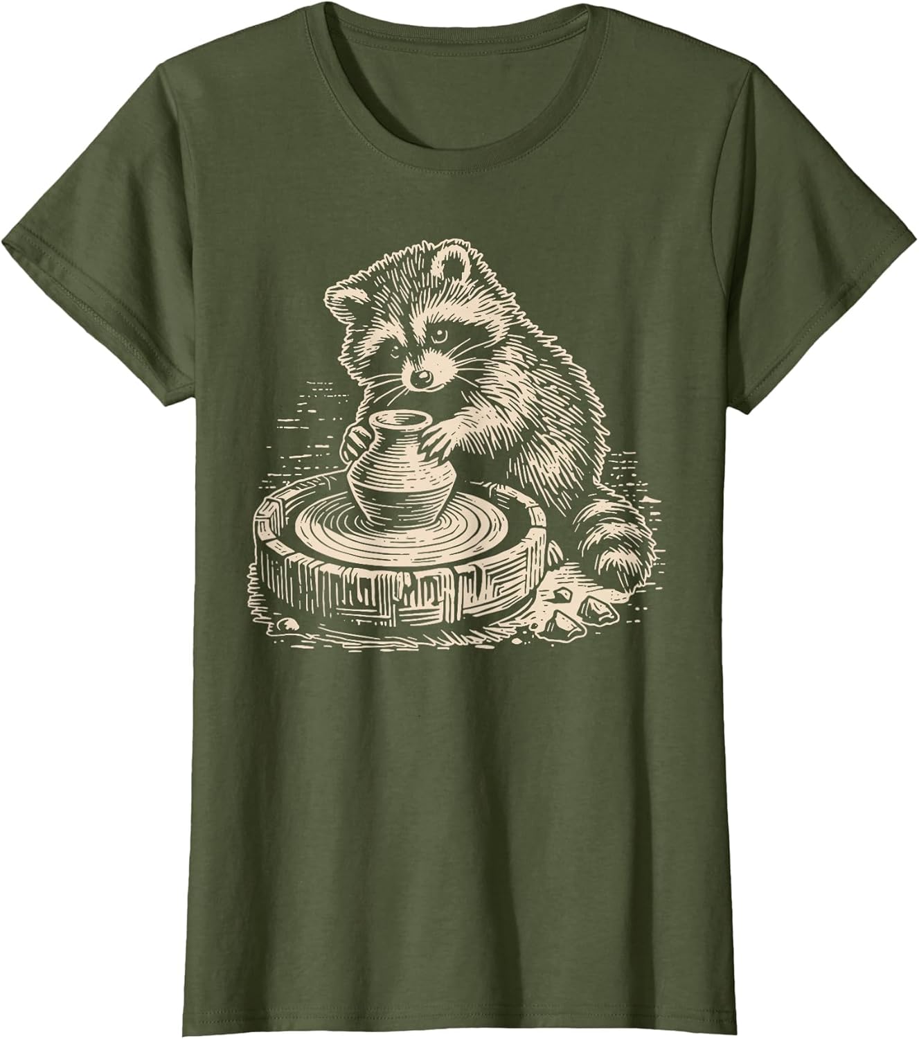 Retro Cute Raccoon at Pottery Wheel Throwing Animal Pottery
