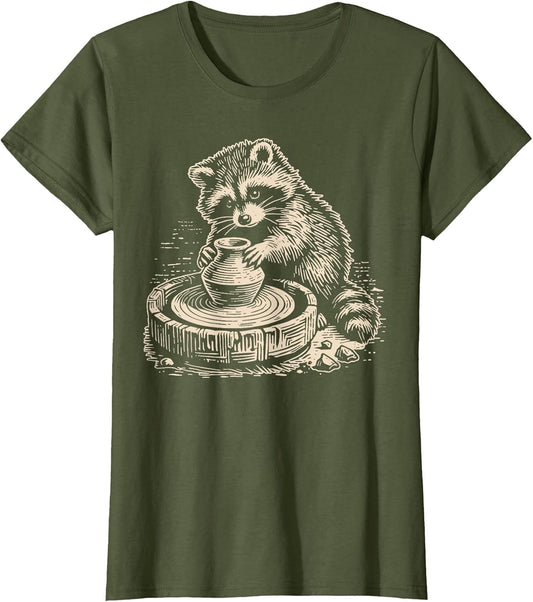 Retro Cute Raccoon at Pottery Wheel Throwing Animal Pottery