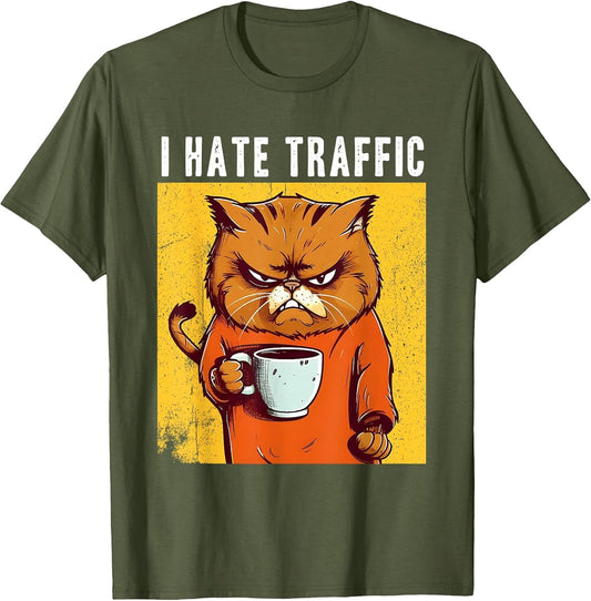 Angry cat Drinking Coffee I Hate Traffic Funny Cynical
