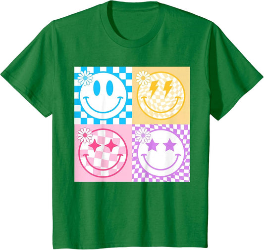 Retro Happy Smile Face Checkered Pattern Vibes Trendy Girls