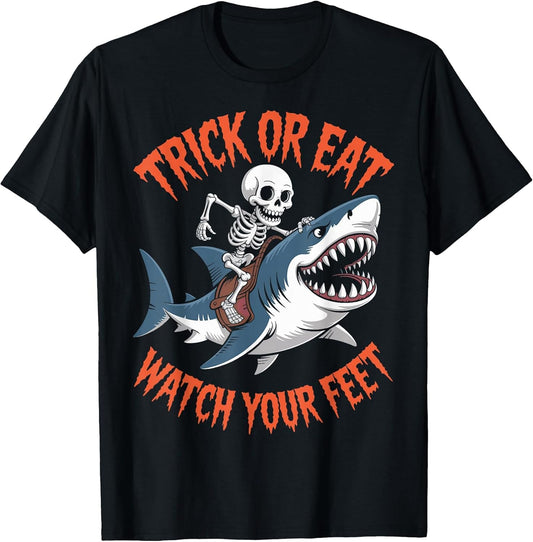 Trick Or Eat Watch Your Feet Skeleton Shark Halloween