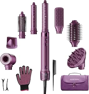 StyleVibe 8-in-1 Air Styler, Hair Dryer & Blow Dryer Brush with Travel Case - Auto Wrap Curls (L/R), Fast Drying, Thermal Round Brush for Smooth Blowouts & Frizz-Free Volume, No Heat Damage