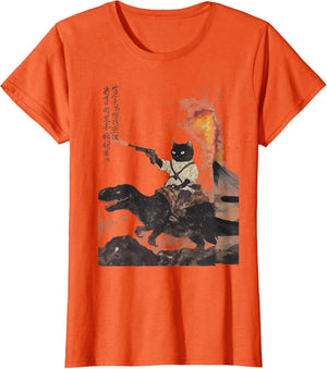 Retro Calligraphy cat Dinosaur Volcanic Eruption Art Print