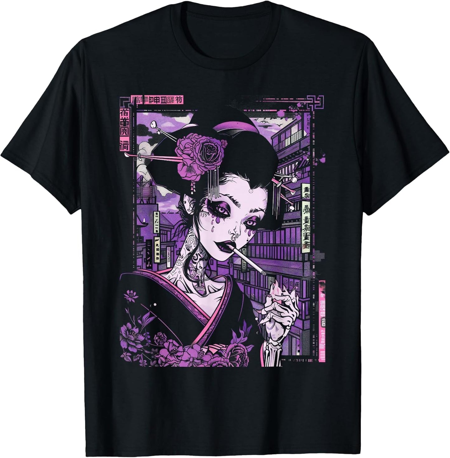 Anime Japanese Goth Cyberpunk City Geisha Purple Art Vintage