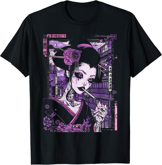 Anime Japanese Goth Cyberpunk City Geisha Purple Art Vintage