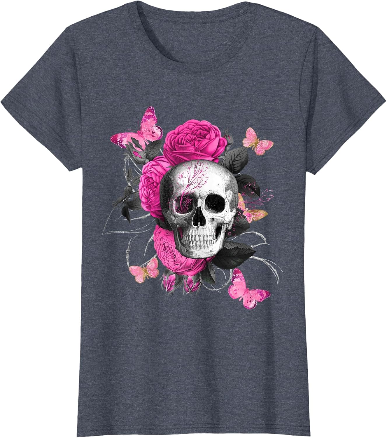 Floral Skull and Butterflies Magenta Flowers Butterfly