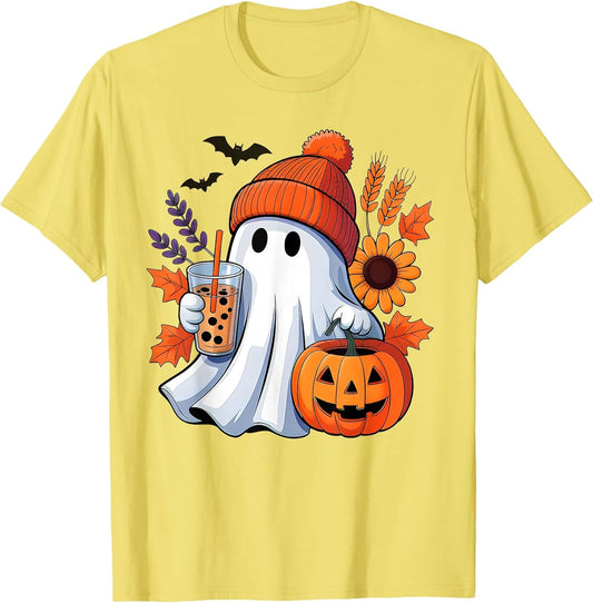 Cute Ghost Drinking Coffee Autumn Pumpkin Halloween Costume