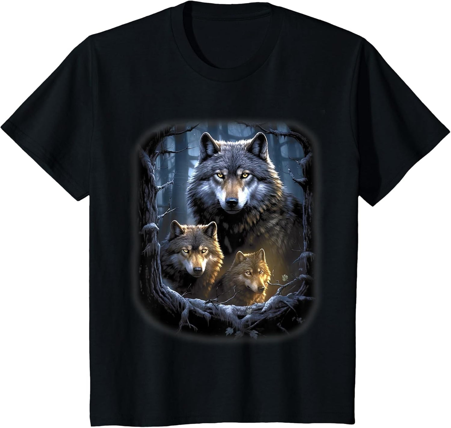 Wolf Wolves in Forest by Night Moon Fantasy Art Wildlife