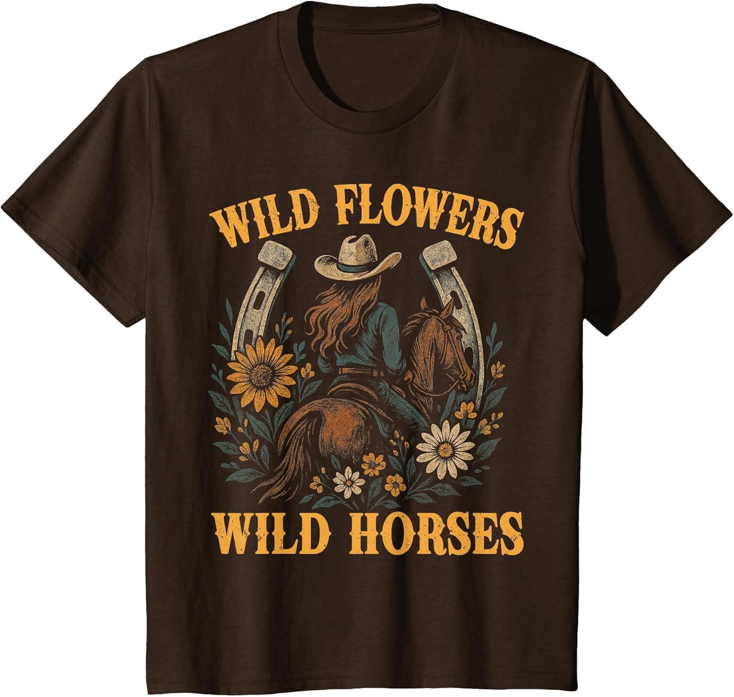 Retro Southern Sunset Wild Cowgirl Flowers - Wild Horses