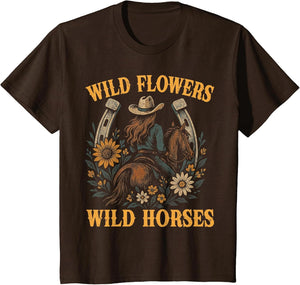 Retro Southern Sunset Wild Cowgirl Flowers - Wild Horses