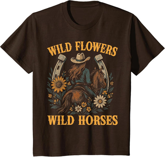 Retro Southern Sunset Wild Cowgirl Flowers - Wild Horses