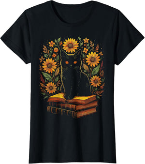 Vintage Black Cat Sunflower Books Reading