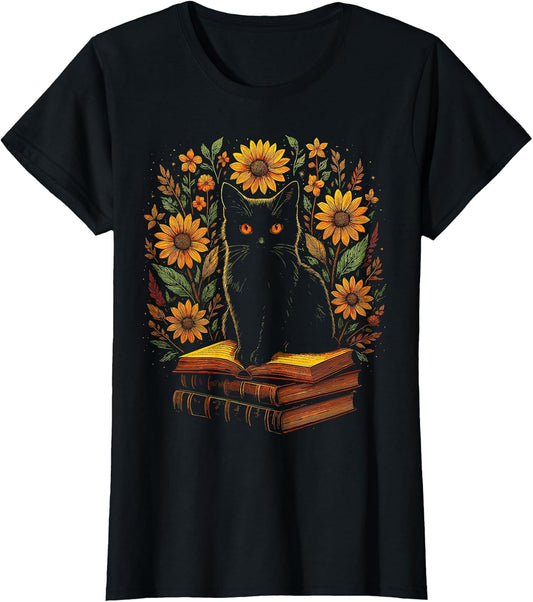 Vintage Black Cat Sunflower Books Reading