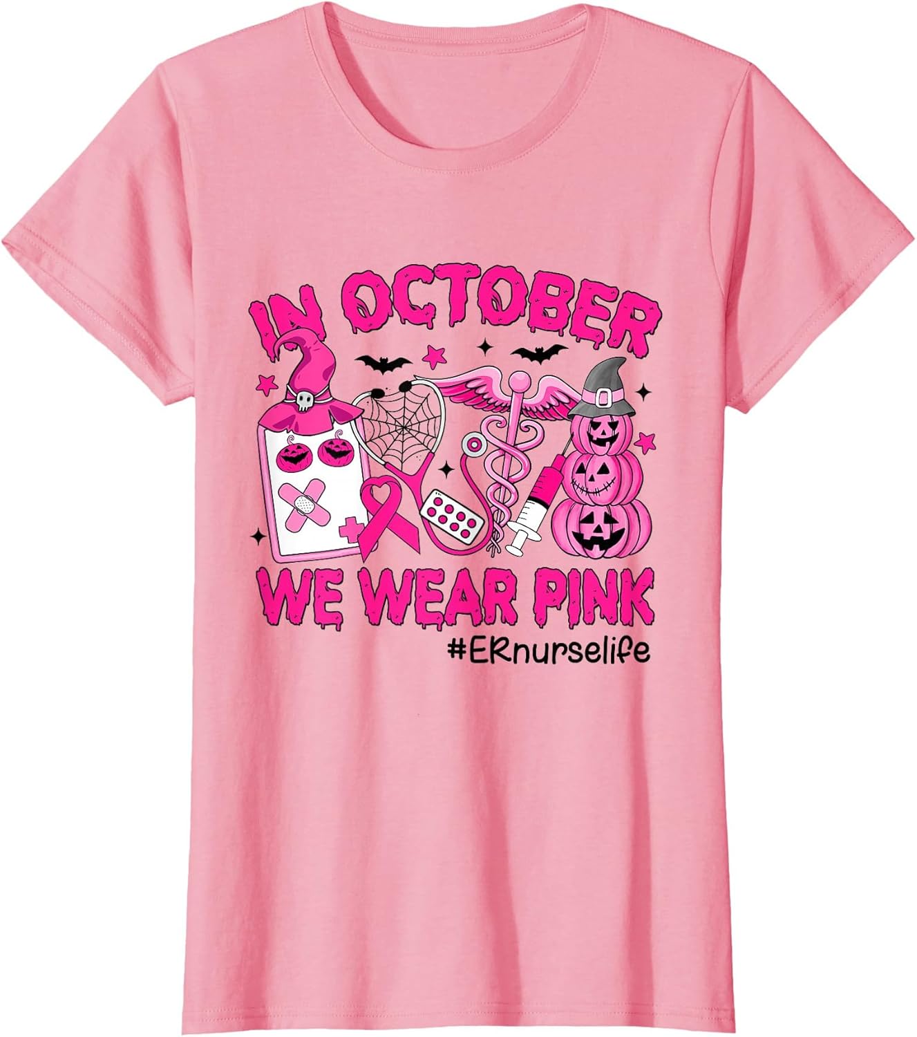 in October We Wear Pink ER Nurse Life Breast Cancer