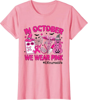 in October We Wear Pink ER Nurse Life Breast Cancer