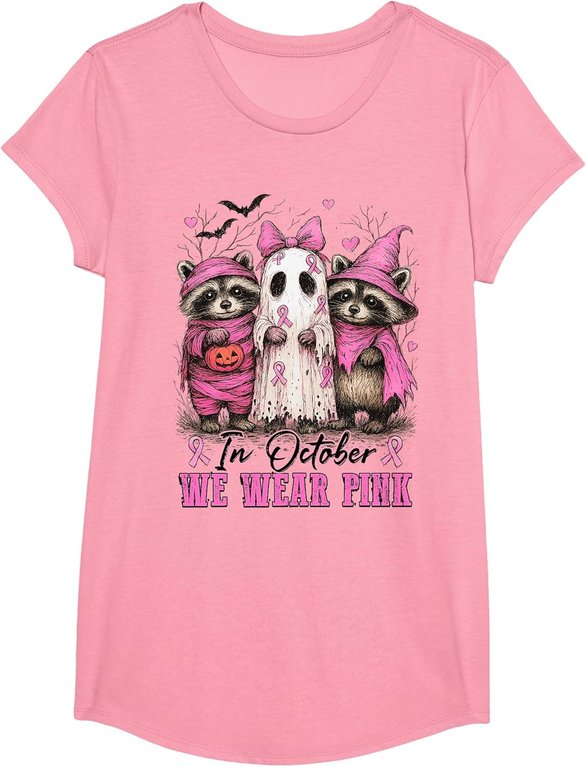 in October We Wear Pink Cute Raccoon Ghost Breast Cancer