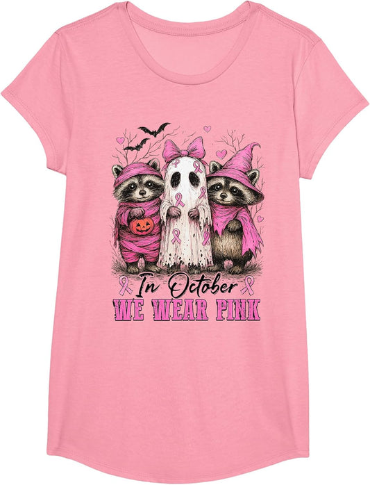 in October We Wear Pink Cute Raccoon Ghost Breast Cancer