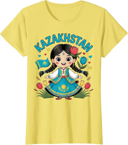 Cute Kazakh Girl in Traditional Blue Dress for Kids