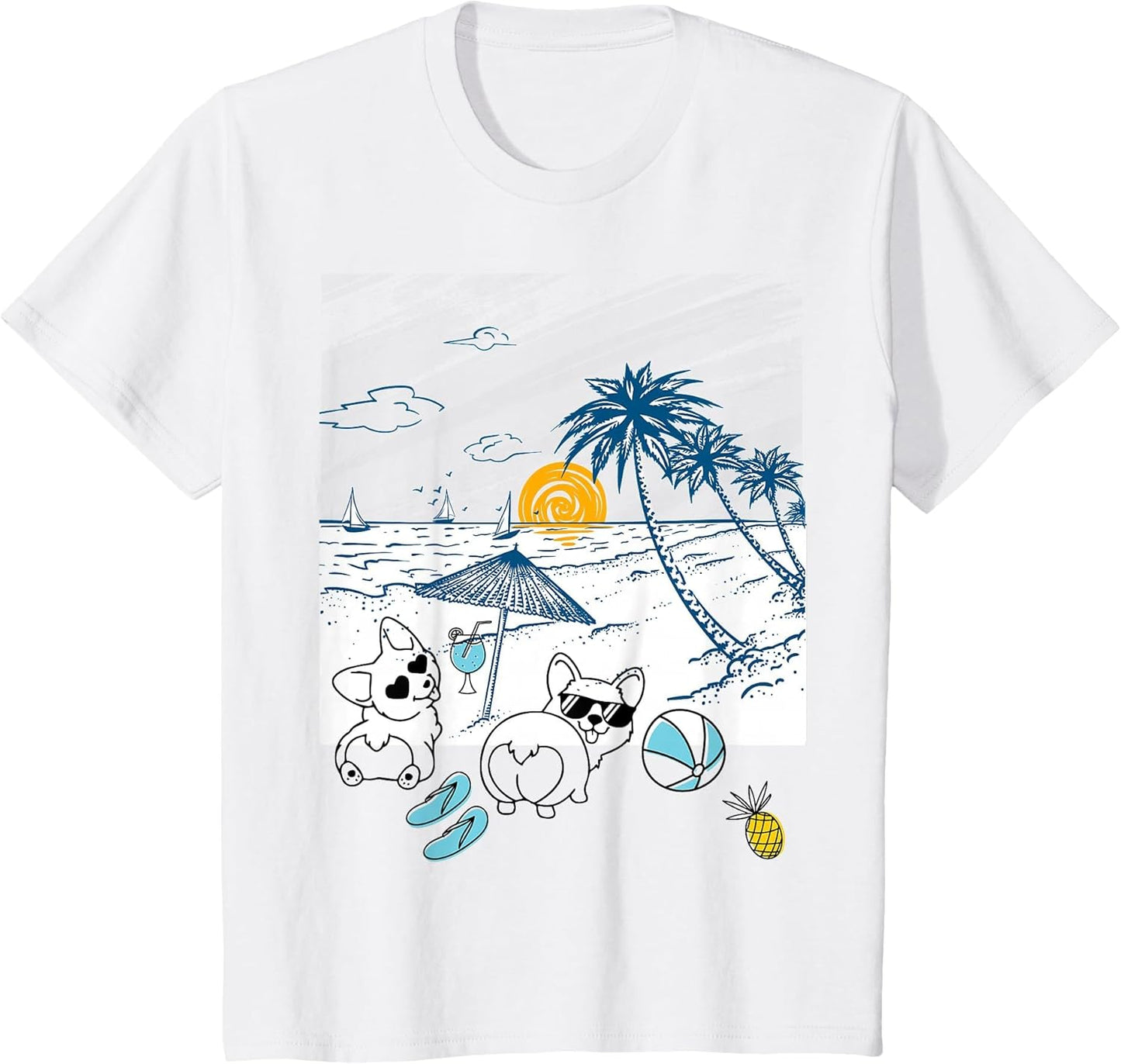 Corgi Dog Beach View with Palm Trees and Sailboats