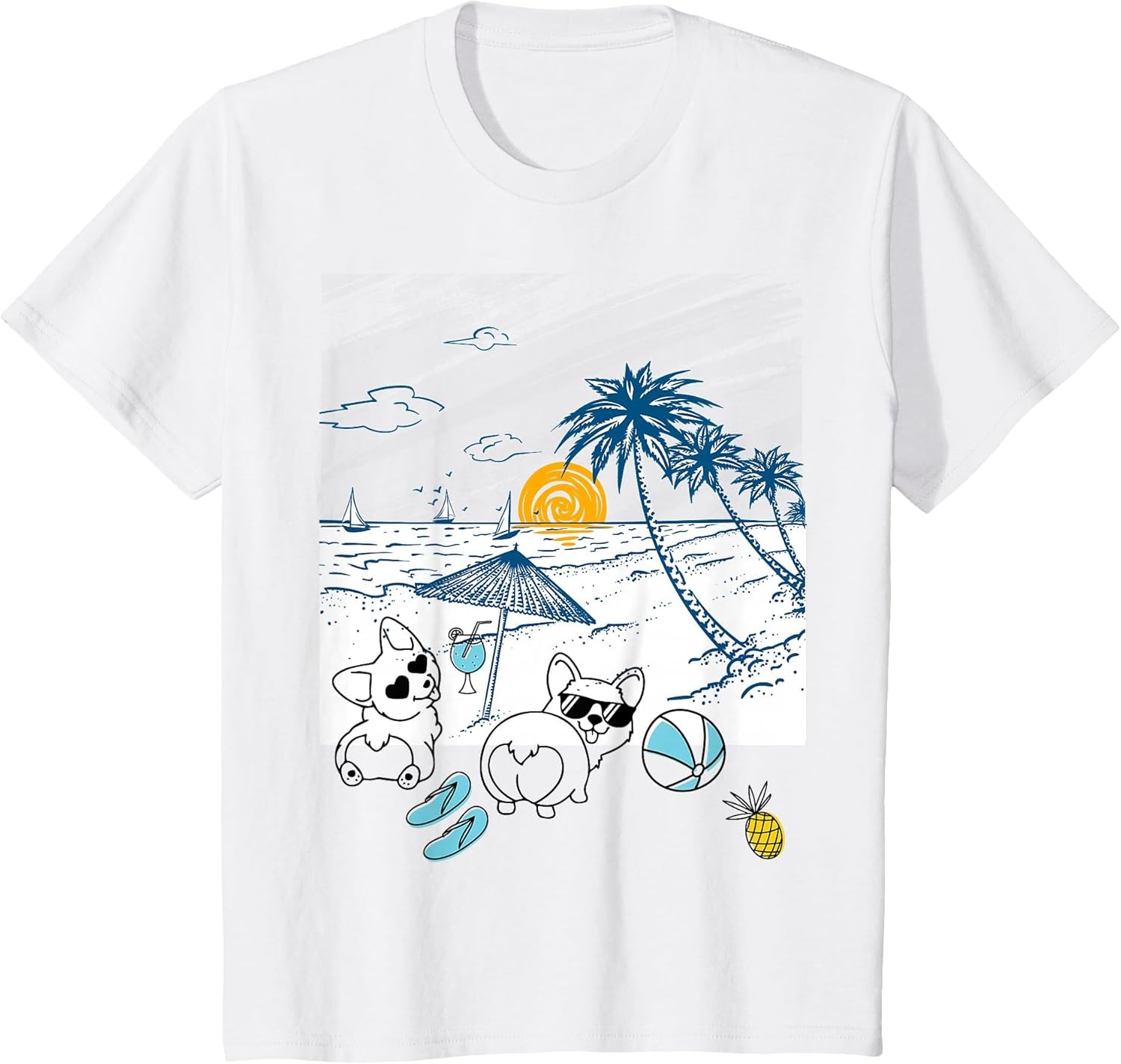 Corgi Dog Beach View with Palm Trees and Sailboats